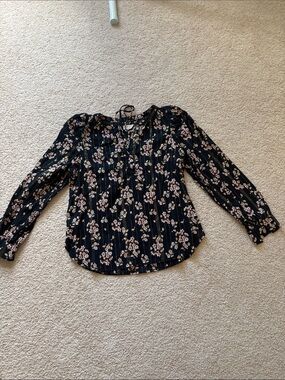 LOFT Black Floral Tie-Neck Long Sleeve Blouse